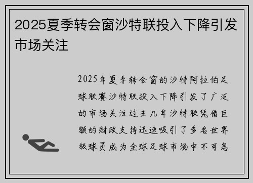 2025夏季转会窗沙特联投入下降引发市场关注 2025夏季转会窗沙特联投入下降引发市场关注